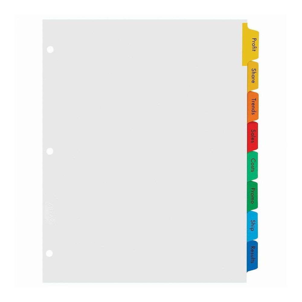 Avery&reg; Index Maker Index Divider - 40 x Divider(s) - 8 Tab(s) - 8 - 8 Tab(s)/Set - 8.5" Divider Width x 11" Divider Length - 3 Hole Punched - White Paper Divider - Multicolor Paper Tab(s) - Custom. Picture 5