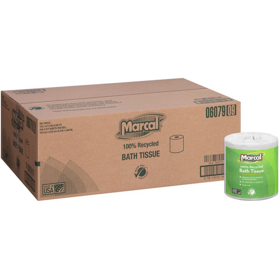 Marcal 100% Recycled, Soft & Absorbent Bathroom Tissue - 2 Ply - 336 Sheets/Roll - White - 48 / Carton. Picture 2