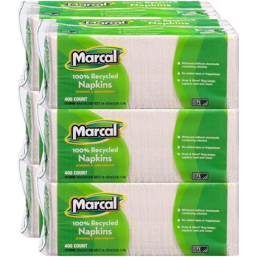 Marcal 100% Recycled Luncheon Napkins - 1 Ply - 12.50" Width x 11.40" Length - White - Paper - 400/Pack - 6 / Carton. Picture 4