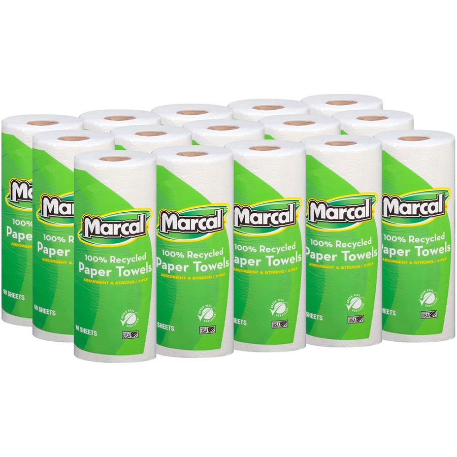 Marcal 100% Recycled Paper Towels - 2 Ply - 11" x 9" - 60 Sheets/Roll - White - 15 / Carton. Picture 3
