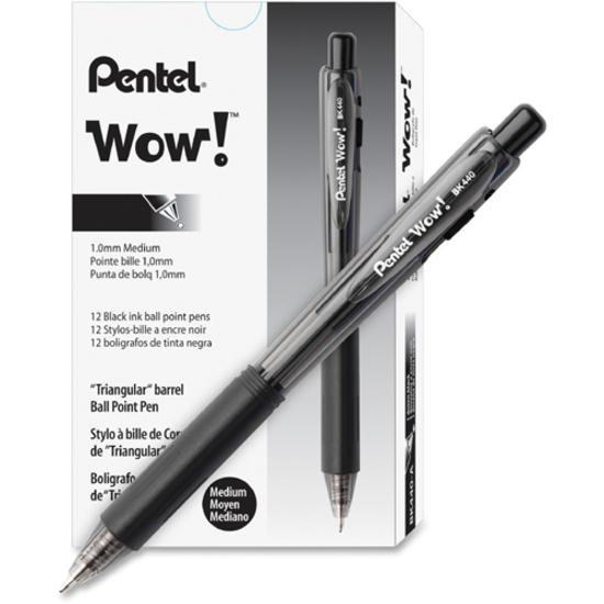 Pentel WOW! Retractable Ballpoint Pens - Medium Pen Point - 1 mm Pen Point Size - Retractable - Black - Black Barrel - 12 / Dozen. Picture 3