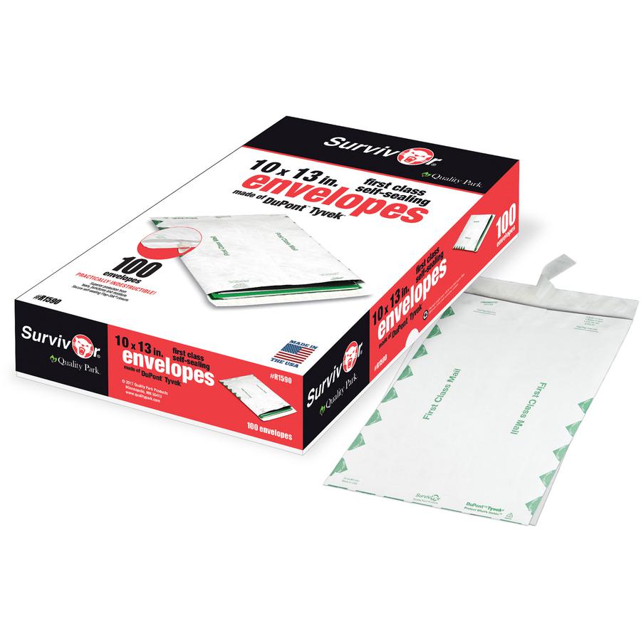 Survivor&reg; 10 x 13 DuPont Tyvek First Class Border Catalog Mailer with Self-Sealing Closure - First Class Mail - #13 1/2 - 10" Width x 13" Length - 14 lb - Peel & Seal - Tyvek - 100 / Box - White. Picture 9