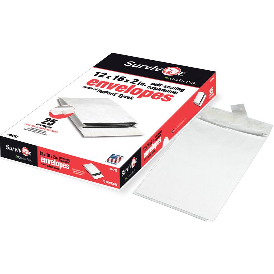 Survivor&reg; 12 x 16 x 2 DuPont Tyvek Expansion Mailers with Self-Seal Closure - Expansion - 12" Width x 16" Length - 2" Gusset - 14 lb - Peel & Seal - Tyvek - 25 / Box - White. Picture 2
