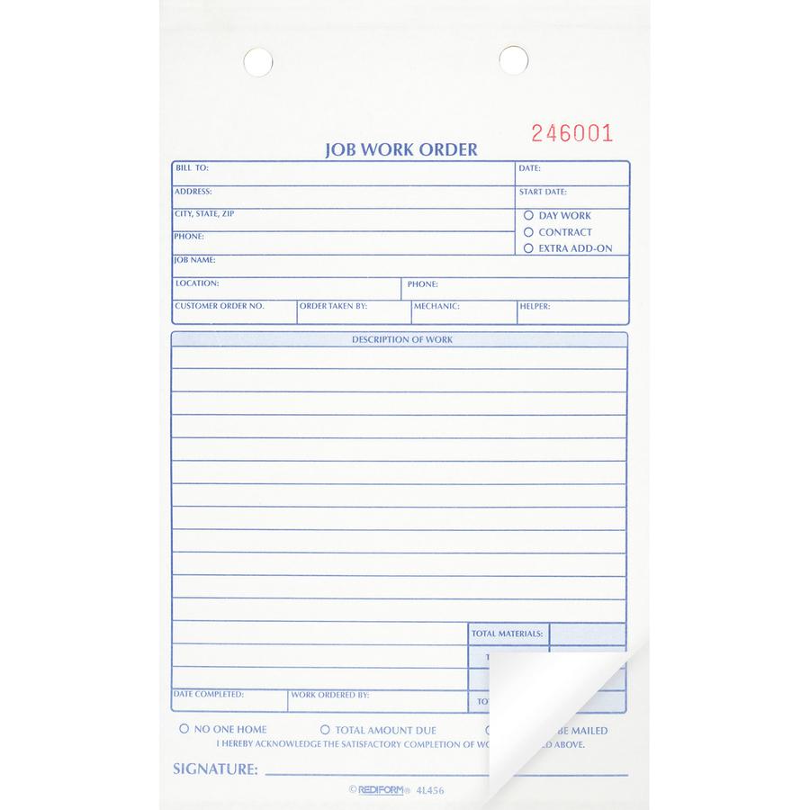 Rediform 2-part Job Work Order Book - 50 Sheet(s) - 2 PartCarbonless Copy - 5.50" x 8.50" Sheet Size - Assorted Sheet(s) - Blue, Red Print Color - 1 Each. Picture 3