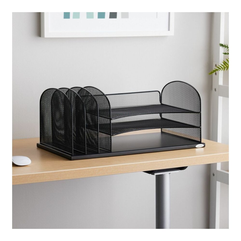 Safco Onyx 3 Tray/3 Upright Section Desk Organizer - 5 Compartment(s) - 8.25" Height x 19.50" Width x 11.50" Depth - Desktop - Powder Coated - Black - Steel - 1 Each. Picture 12