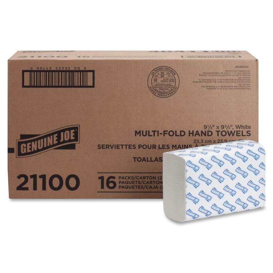 Genuine Joe Paper Towel Multi fold 250 sheets White - 1 Ply - Multifold - 9.20" Width x 9.40" Length - embossed design - White - Paper, Fiber - 250 Sheets/Pack - 16 / Carton. Picture 11