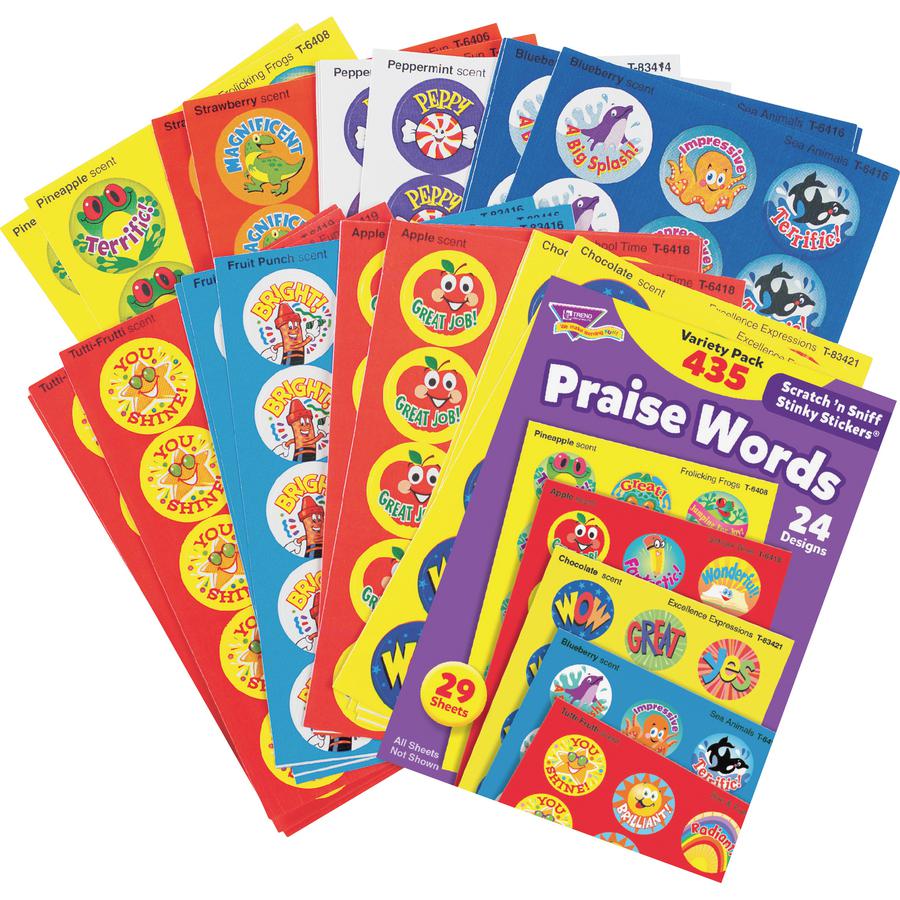 Trend Praise Words Jumbo Stinky Stickers - 432 x Assorted Shape - Self-adhesive - Acid-free, Non-toxic, Photo-safe, Scented - Assorted - Paper - 435 / Pack. Picture 3