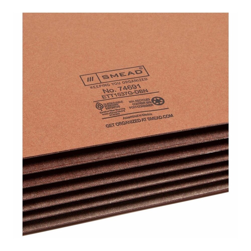 Smead Straight Tab Cut Legal Recycled File Pocket - 8 1/2" x 14" - 5 1/4" Expansion - End Tab Location - 12.5 pt. - 2 Plys - Dark Brown - Embossed - 30% Recycled - 10 / Box. Picture 9