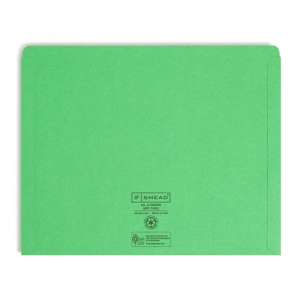 Smead Colored Straight Tab Cut Letter Recycled File Jacket - 8 1/2" x 11" - 11 pt. - 2 Plys - Green - Slip Resistant, Reinforced Tab - 10% Recycled - 100 / Box. Picture 8