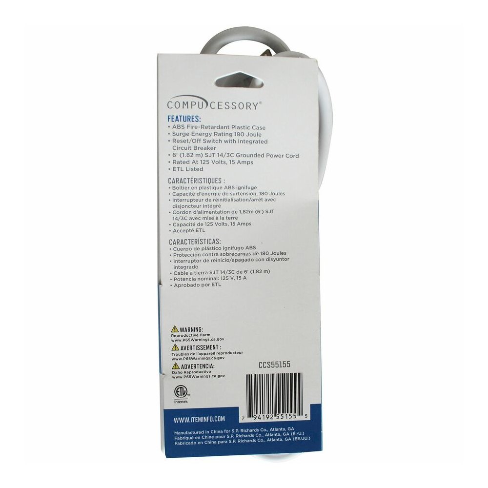Compucessory 6-Outlet Power Strips - 6 - 6 ft Cord - 104 J Surge Energy - 15 A Current - 125 V AC Voltage - Strip - Putty. Picture 8