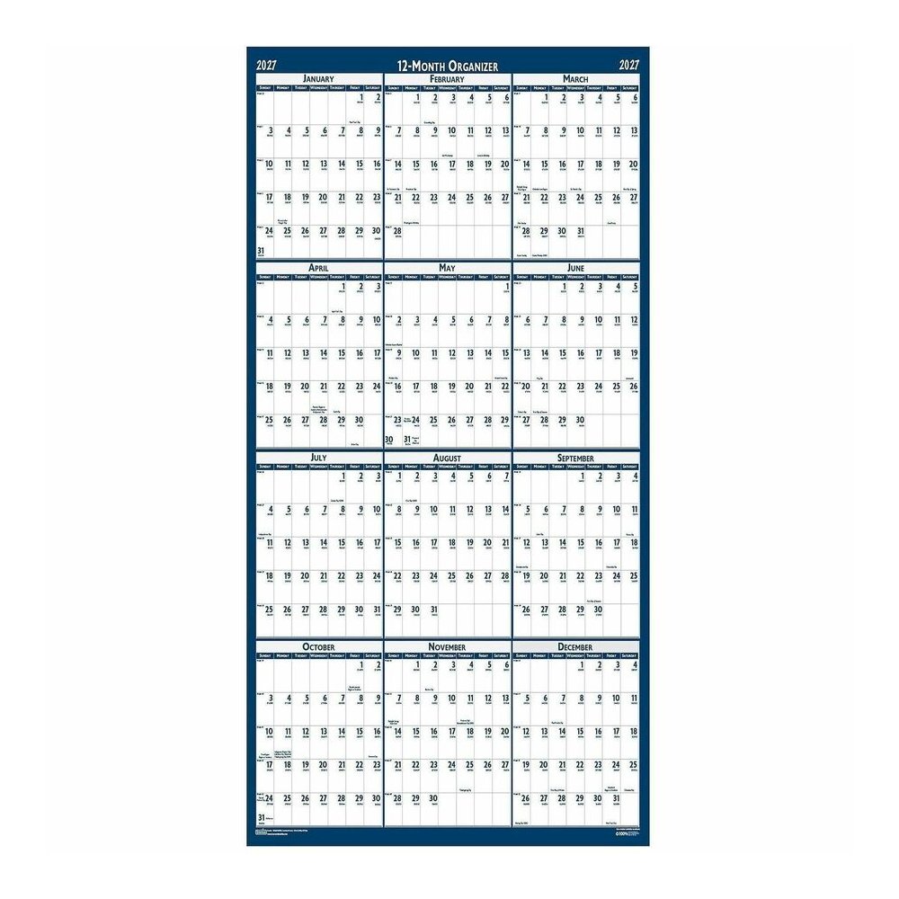 House of Doolittle Dated 66" Laminated Wall Planner - Julian Dates - Yearly - 12 Month - January 2027 to December 2027 - 66" x 33" Sheet Size - 2" x 2.25" Block - Blue, Gray - Paper - 1 Each. Picture 5