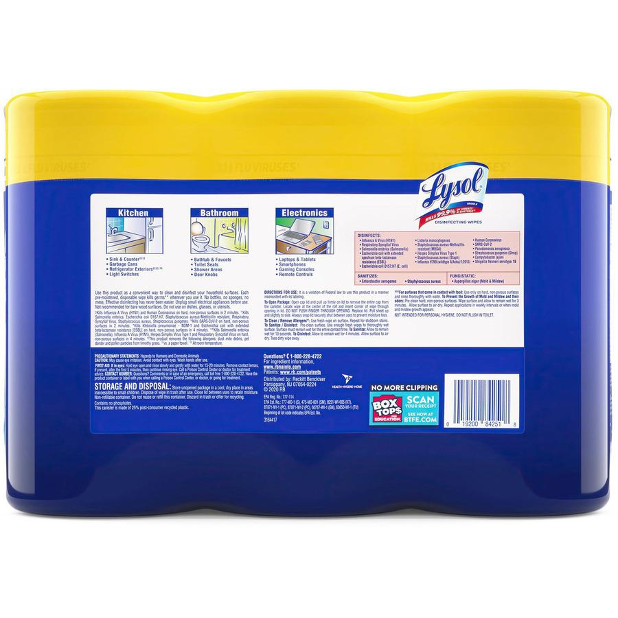 Lysol Lemon/Lime Disinfecting Wipes - For Multi Surface, Multipurpose - Lemon, Lime Blossom Scent - 80 / Canister - 3 / Pack - Pre-moistened, Deodorize, Disinfectant, Anti-bacterial - White. Picture 3