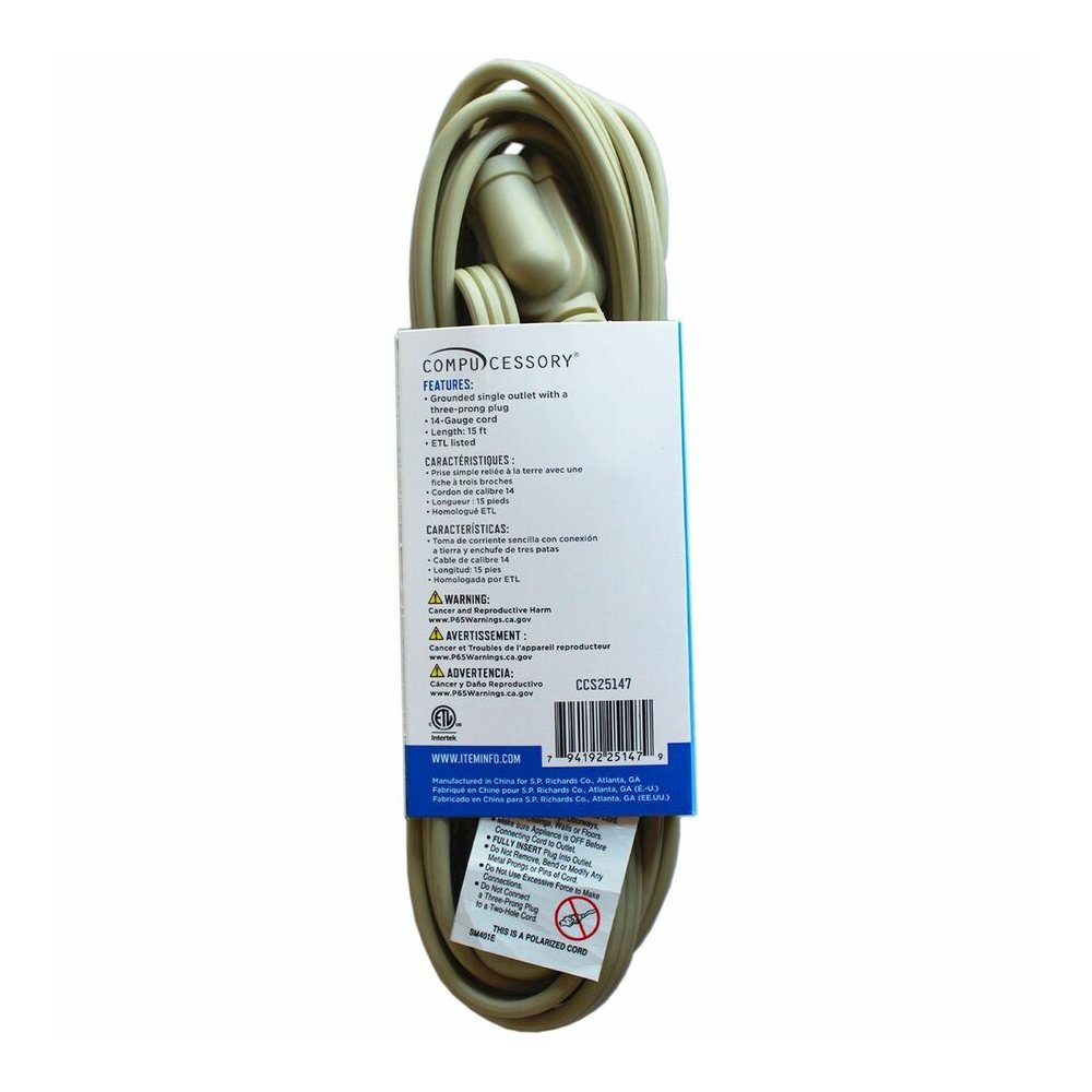 Compucessory Heavy Duty Indoor Extension Cord - 14 Gauge - 125 V AC / 15 A - Beige - 15 ft Cord Length - 1 Each. Picture 5