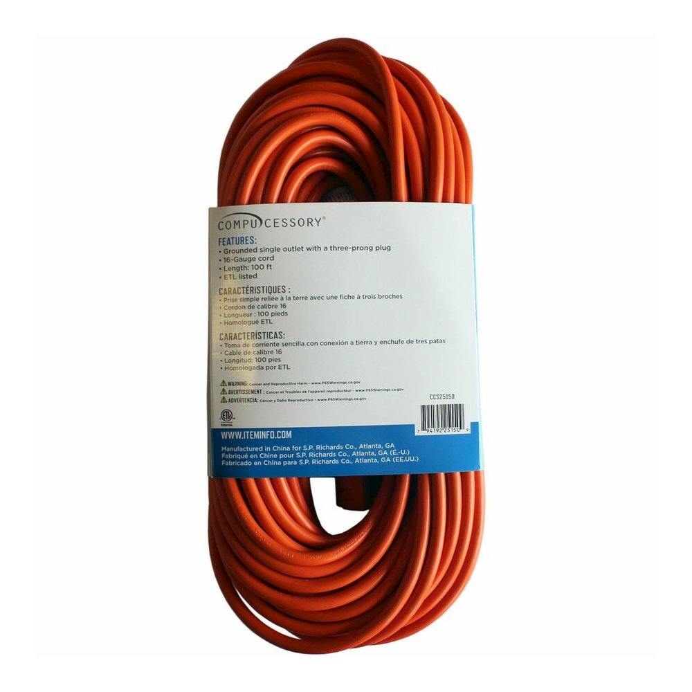 Compucessory Heavy-duty Indoor/Outdoor Extension Cord - 16 Gauge - 125 V AC / 13 A - Orange - 100 ft Cord Length - 1 Each. Picture 6