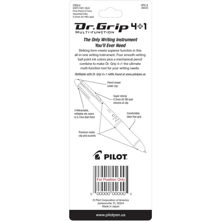 Pilot Dr. Grip Multi 4Plus1 Retractable Pen/Pencil - Fine Pen Point - 0.7 mm Pen Point Size - 2HB Pencil Grade - 0.5 mm Lead Size - Refillable - Black, Blue, Red, Green Ink - Black Barrel - Retractabl. Picture 3
