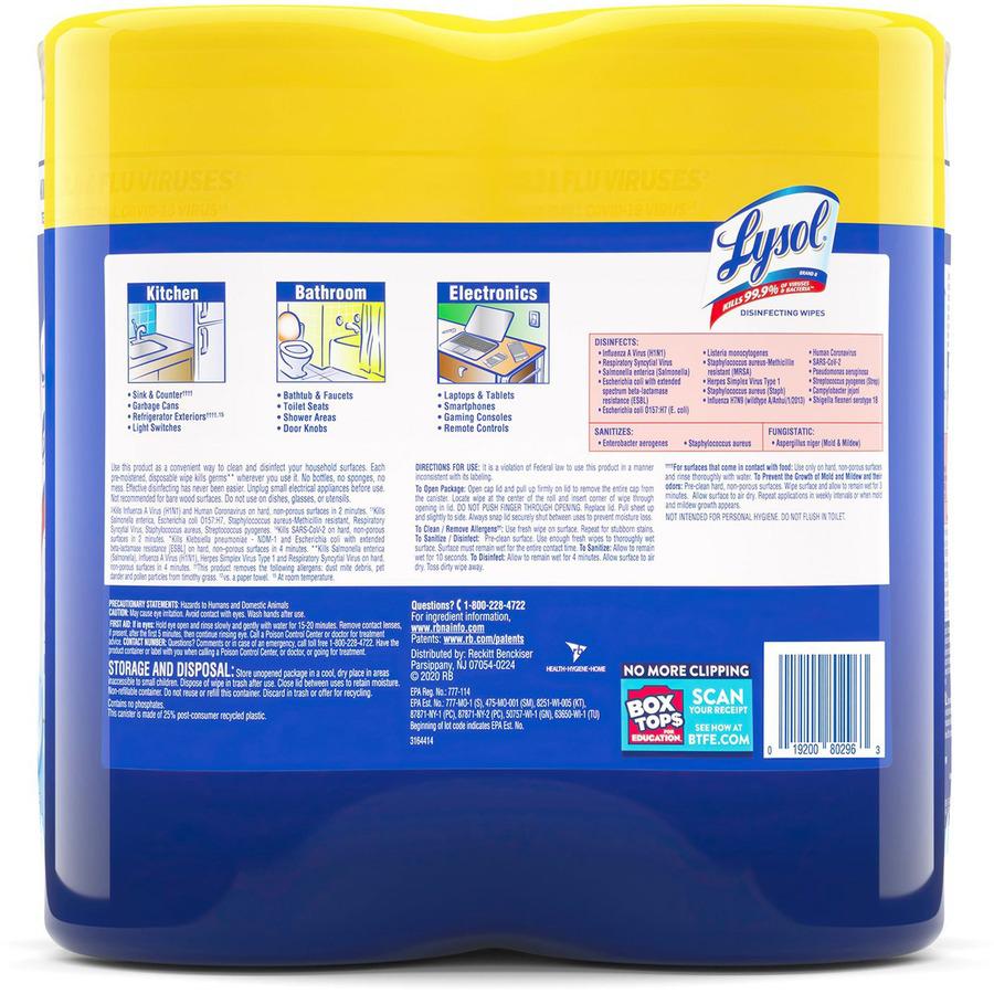 Lysol Disinfecting Wipes - Lemon Lime Scent - 80 / Canister - 2 / Pack - Pre-moistened, Disinfectant, Antibacterial - White. Picture 3