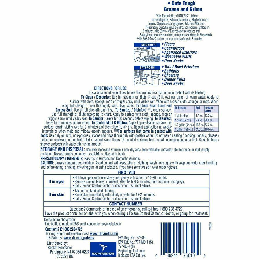 Lysol Clean/Fresh Lemon Cleaner - For Multi Surface - 144 fl oz (4.5 quart) - Clean & Fresh Lemon Scent - 4 / Carton - Disinfectant, Long Lasting, Antibacterial - Yellow. Picture 5