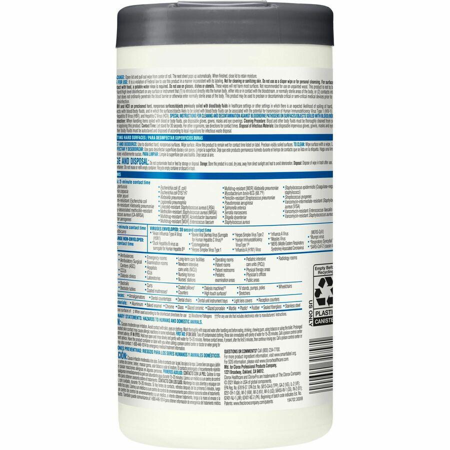 Clorox Healthcare VersaSure Cleaner Disinfectant Wipes - 8" Length x 6.75" Width - 85 / Canister - 1 Each - Disinfectant, Durable, Alcohol-free, Chemical-free, Fragrance-free, Fume-free, Bleach-free, . Picture 7