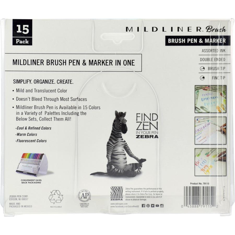 Zebra MILDLINER Dual Ended Brush Pen & Marker Set - Assorted Ink - Pigment-based - White Barrel - 15 / Pack. Picture 3