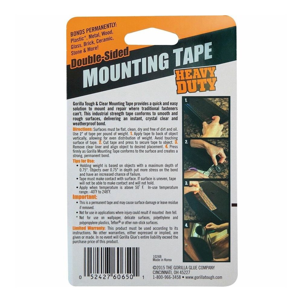 Gorilla Heavy Duty Mounting Tape - 5 ft Length x 1" Width - Black - For Indoor, Outdoor, Plastic, Metal, Wood, Glass, Brick, Ceramic, Stone - 1 Each. Picture 4