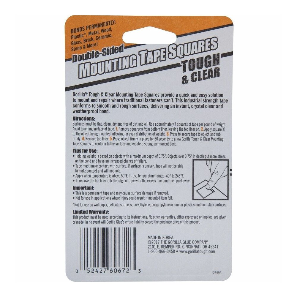 Gorilla Tough & Clear Mounting Squares - 1" Length x 1" Width - Clear - Weather Proof - For Indoor, Outdoor, Plastic, Metal, Wood, Glass, Brick, Ceramic, Stone - 24 / Pack. Picture 3