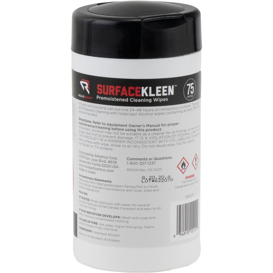 Read Right Surface Kleen Cleaning Wipes - 6.30" Length x 5" Width - Pre-moistened, Fast Acting, Quick Drying - White - 75/Tub - 1 Each. Picture 5
