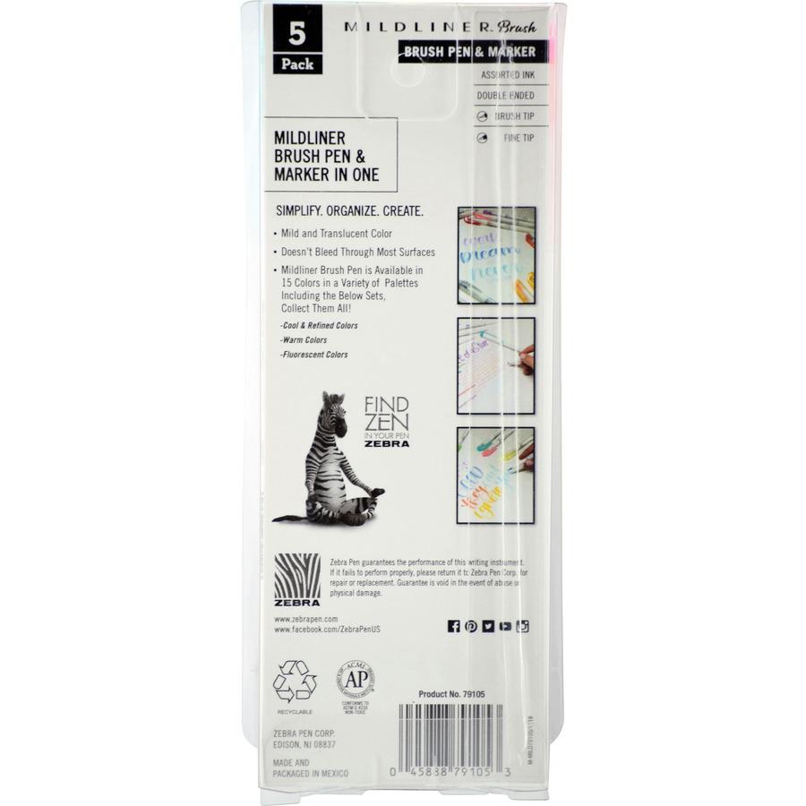 Zebra MILDLINER Dual Ended Brush Pen & Marker Set - Fine Marker Point - Brush Marker Point Style - Fluorescent Pink Pigment-based, Fluorescent Orange, Fluorescent Yellow, Fluorescent Blue, Fluorescent. Picture 3