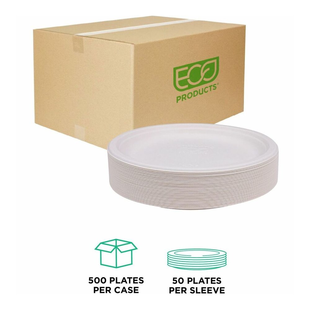 Eco-Products Vanguard 10" Sugarcane Plates - Breakroom - Disposable - Microwave Safe - 10" Diameter - White - Sugarcane Fiber Body - 500 / Carton. Picture 14