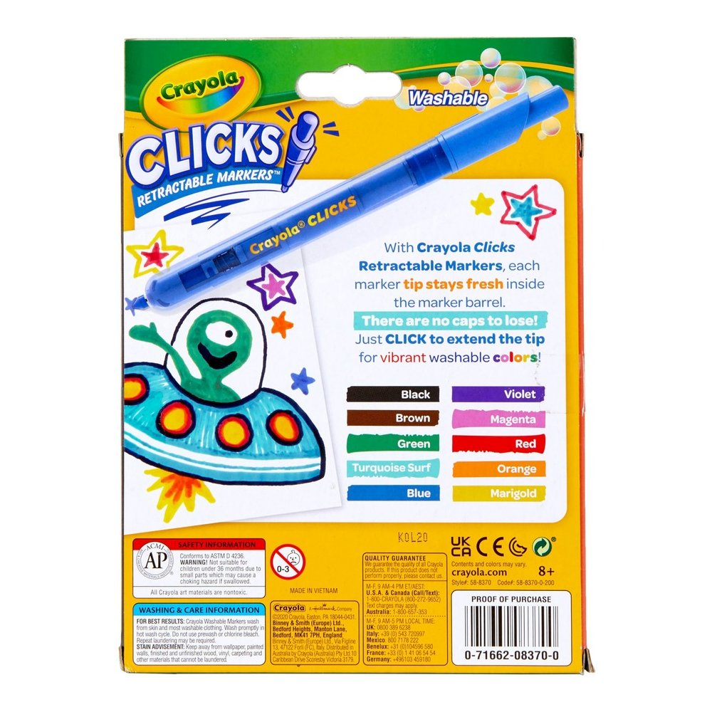 Crayola Marker - Retractable - Washable - Assorted Ink - Water Based - Assorted Plastic Barrel - 10 / Pack. Picture 4