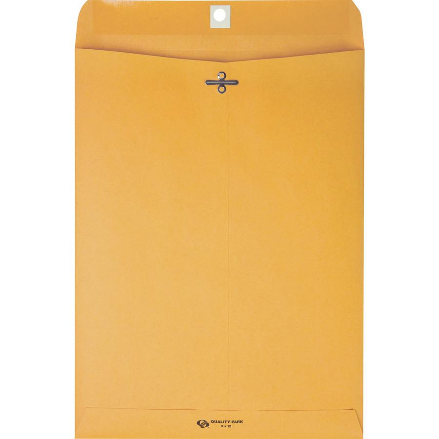 Quality Park 9 x 12 Clasp Envelopes with Deeply Gummed Flaps - Clasp - #90 - 9" Width x 12" Length - 28 lb - Gummed - Kraft - Kraft - 100 / Box. Picture 4