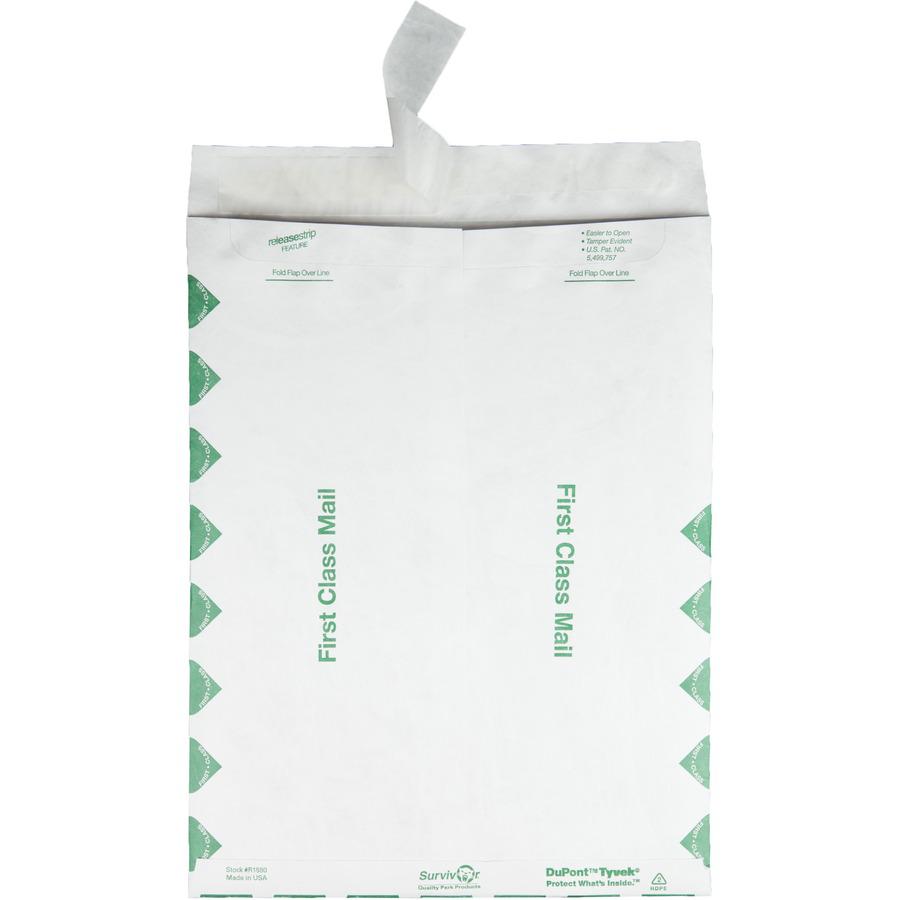 Survivor&reg; 10 x 13 DuPont Tyvek First Class Border Catalog Mailer with Self-Sealing Closure - First Class Mail - #13 1/2 - 10" Width x 13" Length - 14 lb - Peel & Seal - Tyvek - 100 / Box - White. Picture 10