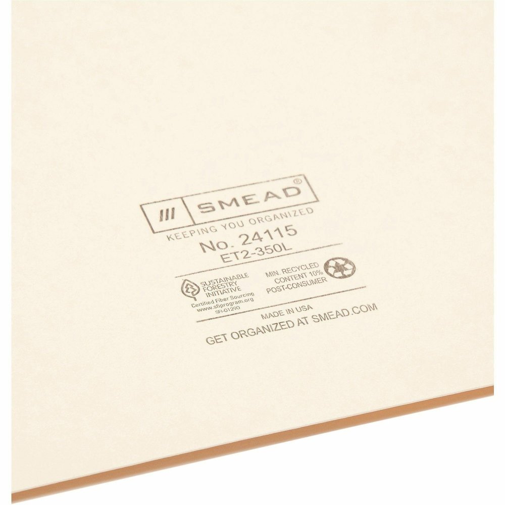 Smead Straight Tab Cut Letter Recycled File Pocket - 8 1/2" x 11" - 1 Pocket - 11 pt. - 2 Plys - Manila - Heavyweight Cover, Embossed - 10% Recycled - 50 / Box. Picture 9