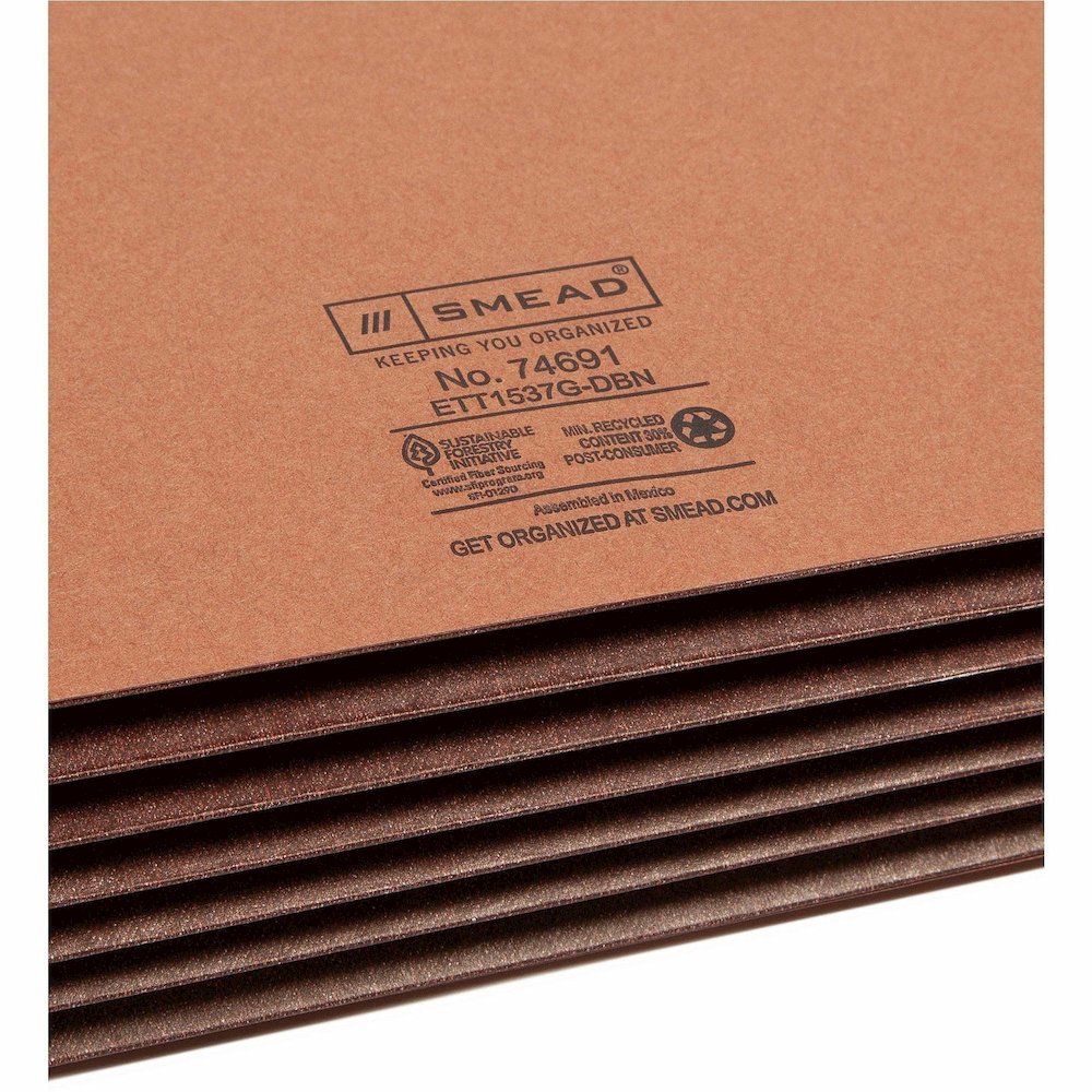 Smead Straight Tab Cut Legal Recycled File Pocket - 8 1/2" x 14" - 5 1/4" Expansion - End Tab Location - 12.5 pt. - 2 Plys - Dark Brown - Embossed - 30% Recycled - 10 / Box. Picture 10