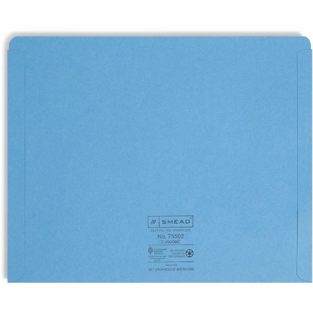 Smead Colored Straight Tab Cut Letter Recycled File Jacket - 8 1/2" x 11" - 11 pt. - 2 Plys - Blue - Slip Resistant, Reinforced Tab - 10% Recycled - 100 / Box. Picture 9