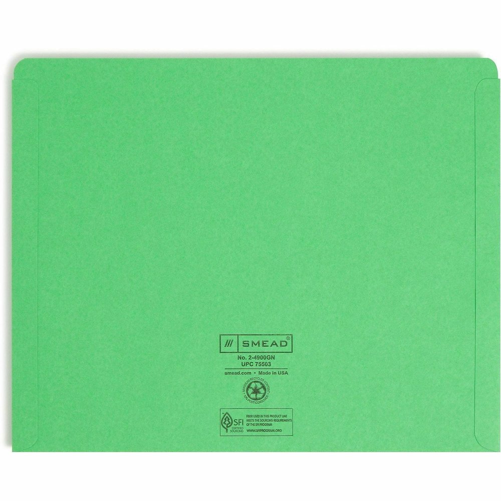 Smead Colored Straight Tab Cut Letter Recycled File Jacket - 8 1/2" x 11" - 11 pt. - 2 Plys - Green - Slip Resistant, Reinforced Tab - 10% Recycled - 100 / Box. Picture 9