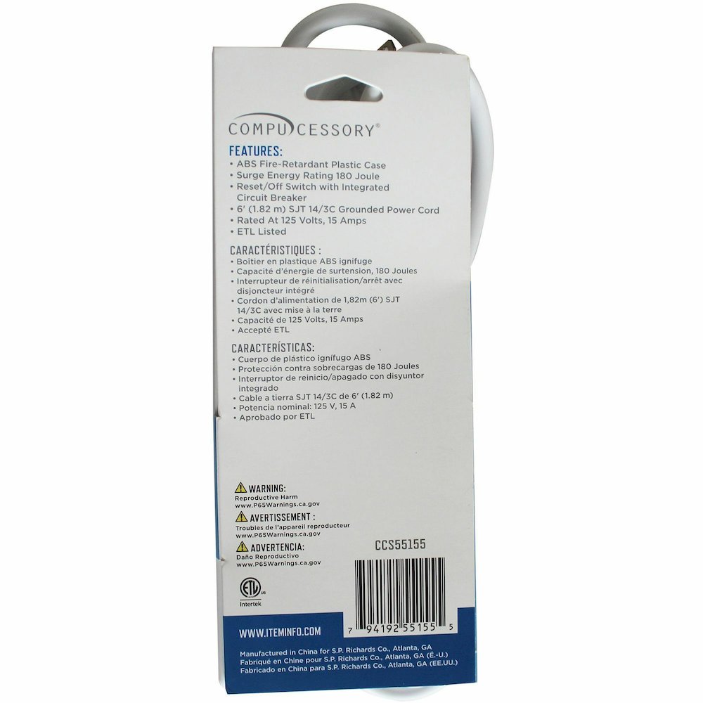 Compucessory 6-Outlet Power Strips - 6 - 6 ft Cord - 104 J Surge Energy - 15 A Current - 125 V AC Voltage - Strip - Putty. Picture 9