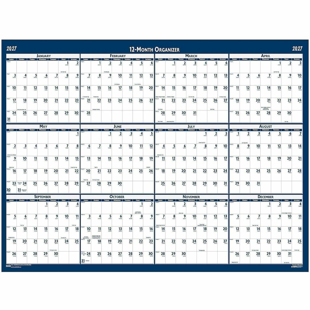 House of Doolittle Recycled Laminated Reversible Planner - Professional - Julian Dates - Yearly - 12 Month - January 2027 to December 2027 - 24" x 37" Sheet Size - Blue/Gray Sheet - 1.25" x 1.63" , 1.. Picture 4
