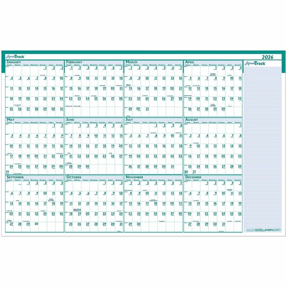 House of Doolittle Express Track Yearly Laminated Planner - Julian Dates - Yearly - 12 Month - January 2026 to December 2026 - 24" x 37" Sheet Size - 1.25" x 1.38" Block - Blue, Green - Paper - 1 Each. Picture 4