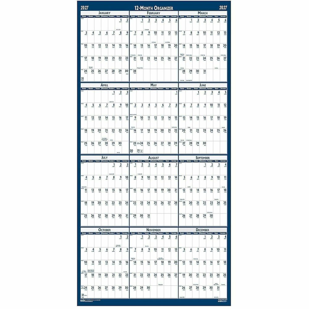 House of Doolittle Dated 66" Laminated Wall Planner - Julian Dates - Yearly - 12 Month - January 2027 to December 2027 - 66" x 33" Sheet Size - 2" x 2.25" Block - Blue, Gray - Paper - 1 Each. Picture 6
