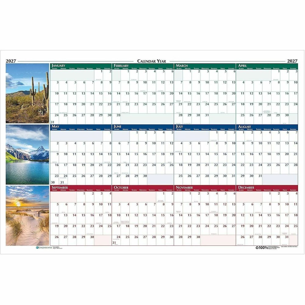 House of Doolittle Earthscapes Scenic Wipe-off Wall Planner - Julian Dates - Yearly - 1 Year - January 2027 to December 2027 - 32" x 48" Sheet Size - 1.13" x 1.38" Block - Multi - Paper - 1 Each. Picture 6