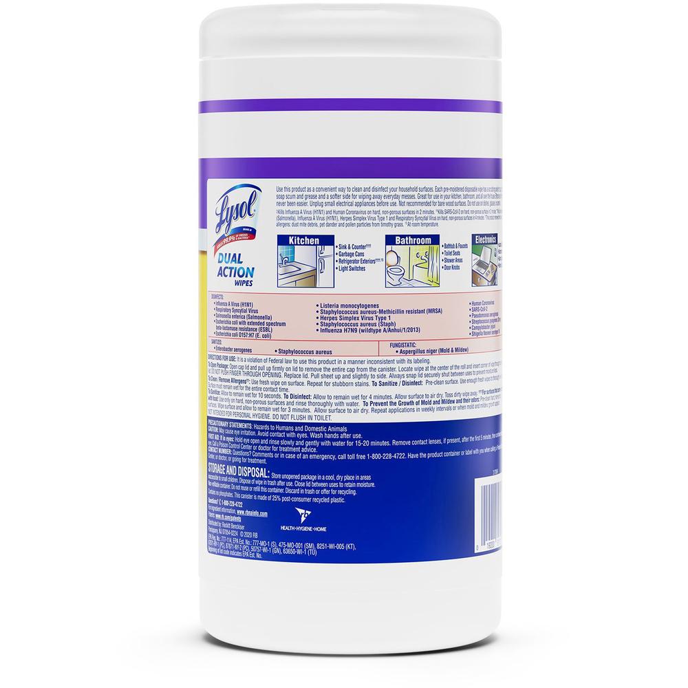 Lysol Dual Action Wipes - For Multipurpose - Citrus Scent - 7" Length x 7.25" Width - 75 / Canister - 1 Each - Pre-moistened, Anti-bacterial - White/Purple. Picture 5