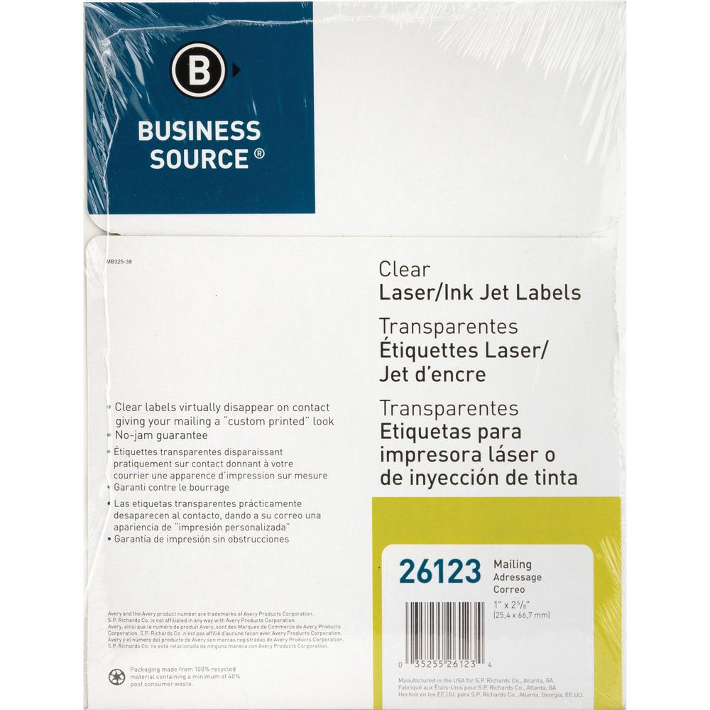Business Source Mailing Address Labels - 1" Width x 2 3/4" Length - Permanent Adhesive - Rectangle - Laser - Clear - 30 / Sheet - 1500 / Pack. Picture 5
