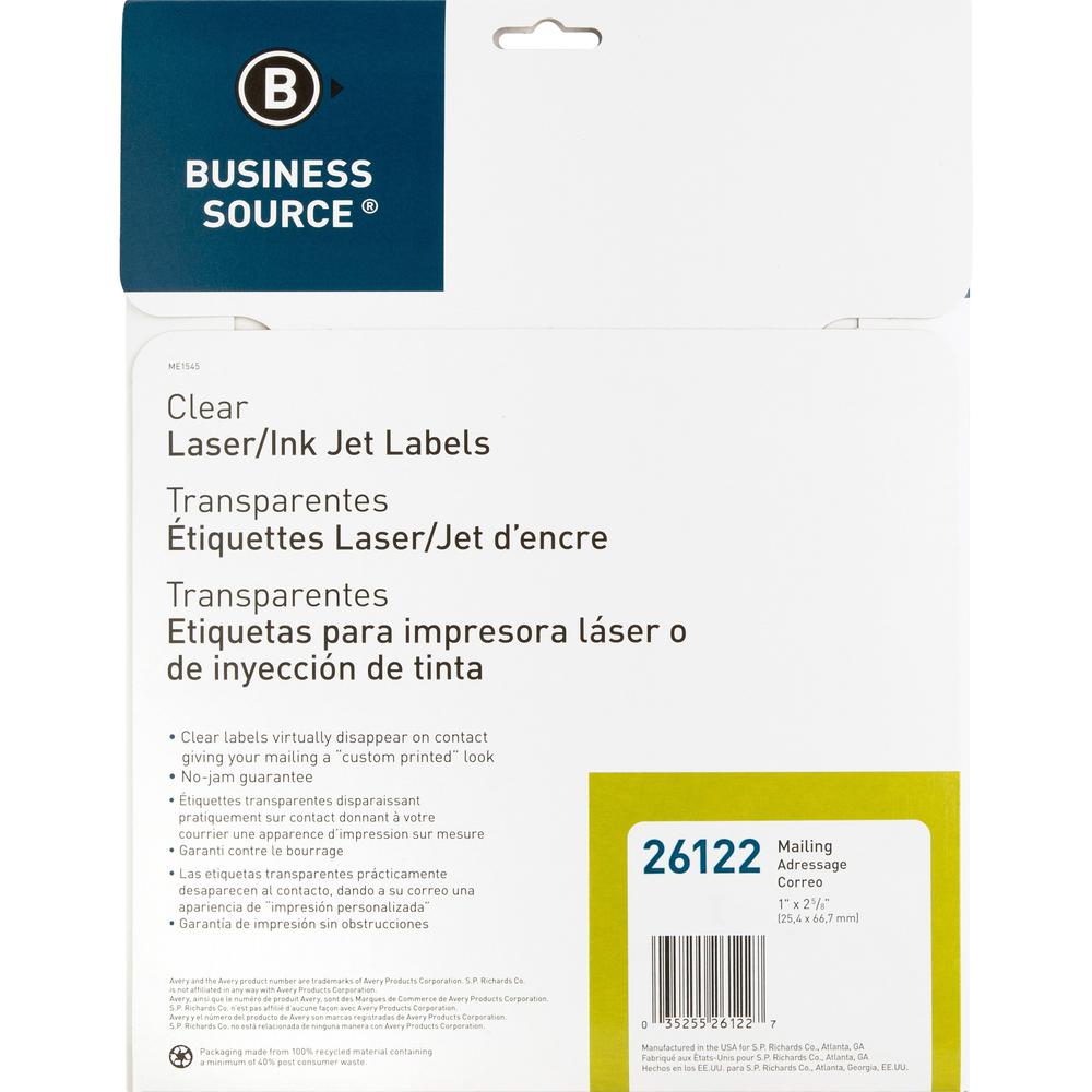 Business Source Mailing Address Labels - 1" Width x 2 3/4" Length - Permanent Adhesive - Rectangle - Laser - Clear - 30 / Sheet - 750 / Pack. Picture 2