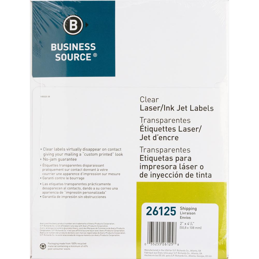 Business Source Clear Shipping Labels - 2" Width x 4 1/4" Length - Permanent Adhesive - Rectangle - Laser - Clear - 10 / Sheet - 500 / Pack. Picture 3