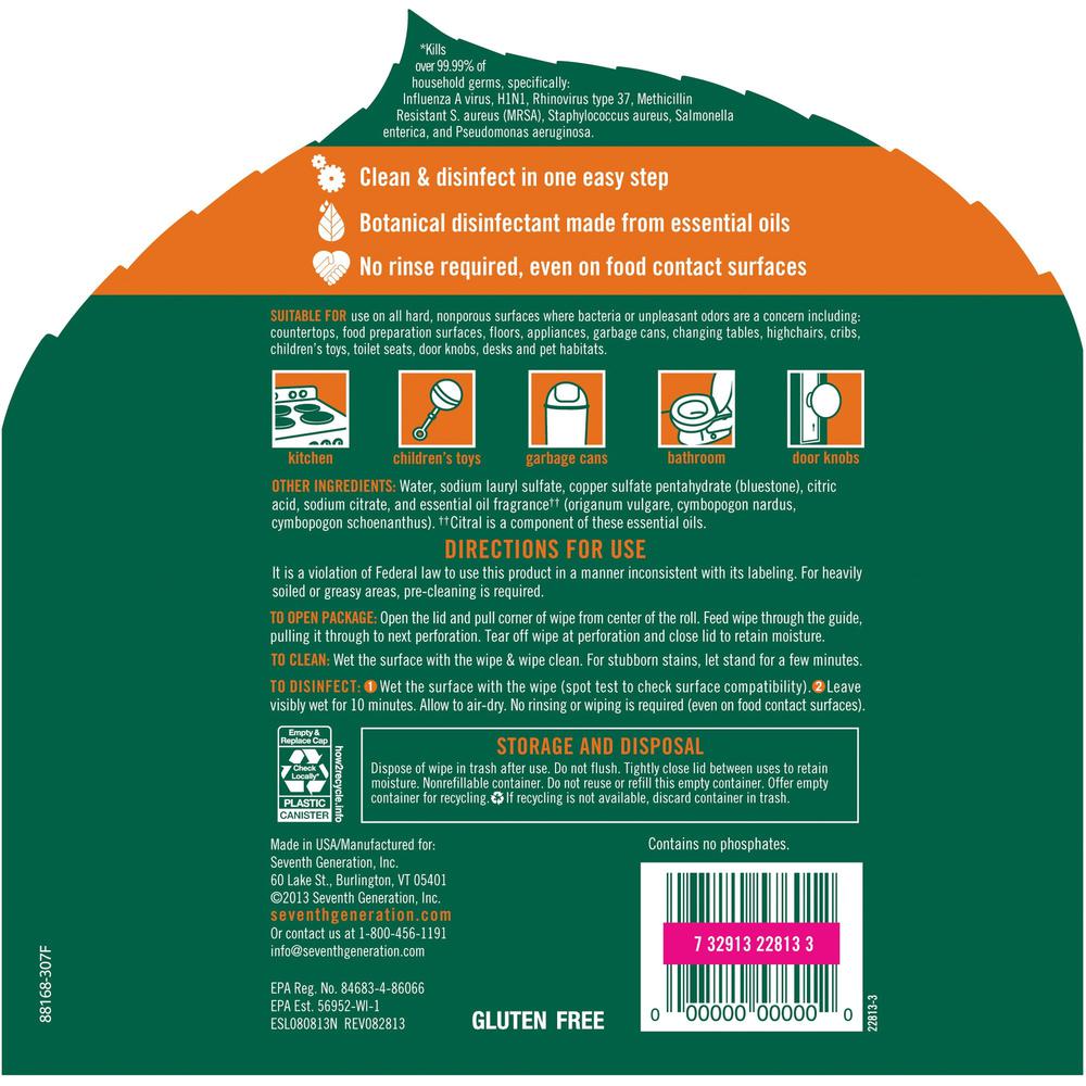 Seventh Generation Disinfecting Cleaner - Lemongrass Citrus Scent - 8" Length x 7" Width - 70 / Canister - 1 Each - Deodorize. Picture 2