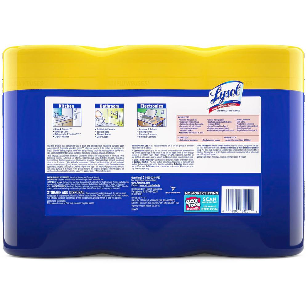 Lysol Lemon/Lime Disinfecting Wipes - For Multi Surface, Multipurpose - Lemon, Lime Blossom Scent - 80 / Canister - 3 / Pack - Pre-moistened, Deodorize, Disinfectant, Anti-bacterial - White. Picture 2
