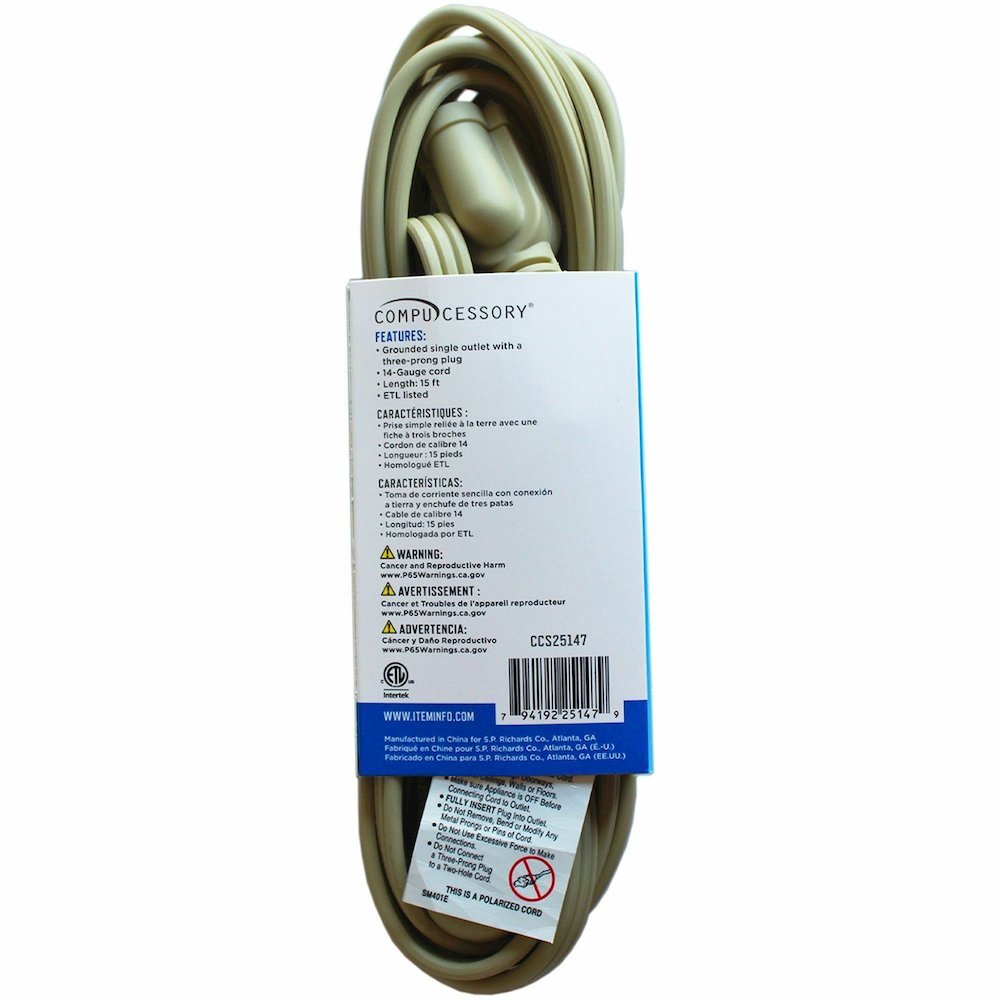 Compucessory Heavy Duty Indoor Extension Cord - 14 Gauge - 125 V AC / 15 A - Beige - 15 ft Cord Length - 1 Each. Picture 6