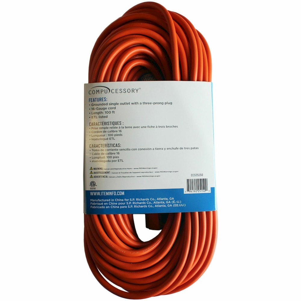 Compucessory Heavy-duty Indoor/Outdoor Extension Cord - 16 Gauge - 125 V AC / 13 A - Orange - 100 ft Cord Length - 1 Each. Picture 7