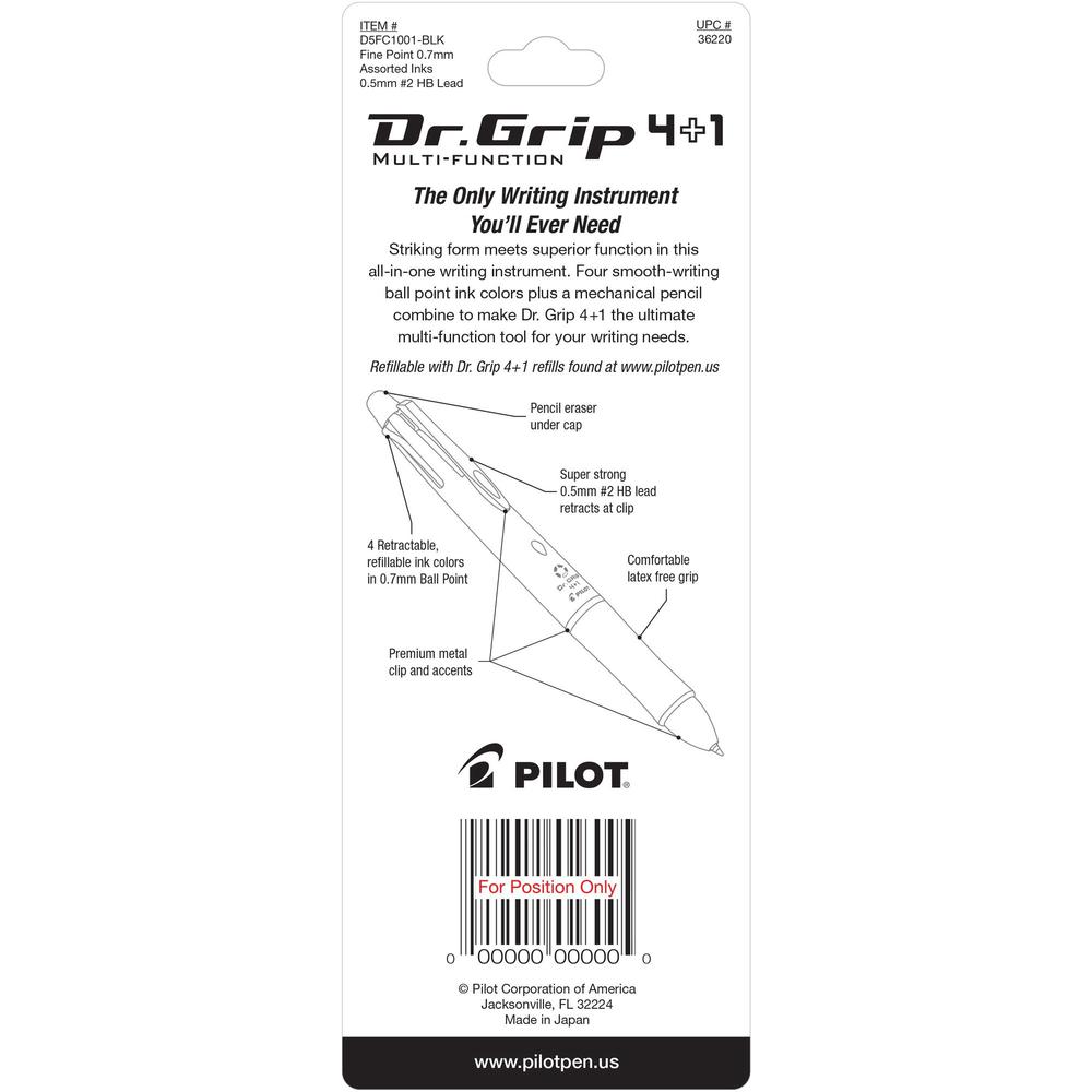 Pilot Dr. Grip Multi 4Plus1 Retractable Pen/Pencil - Fine Pen Point - 0.7 mm Pen Point Size - 2HB Pencil Grade - 0.5 mm Lead Size - Refillable - Black, Blue, Red, Green Ink - Black Barrel - Retractabl. Picture 2