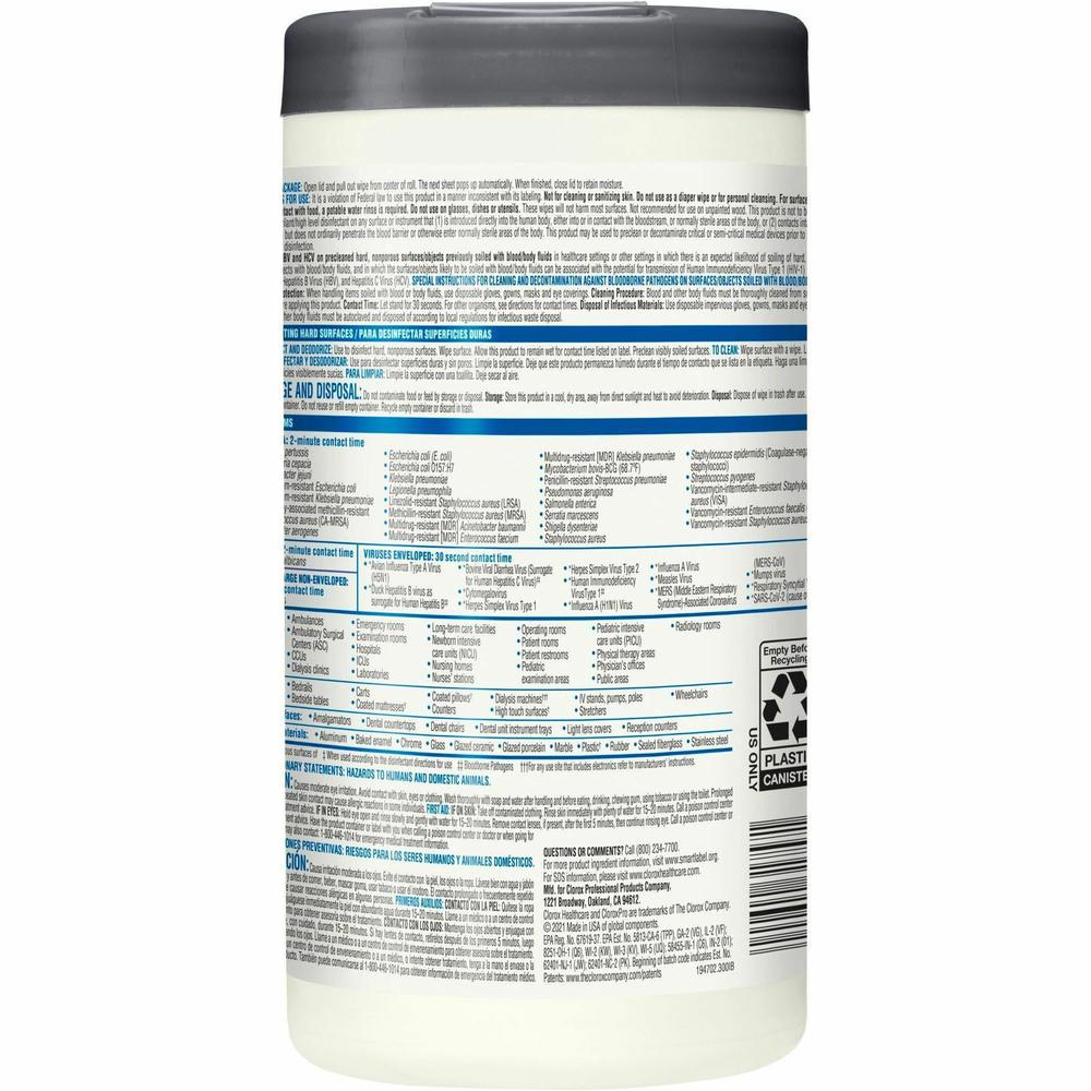Clorox Healthcare VersaSure Cleaner Disinfectant Wipes - 8" Length x 6.75" Width - 85 / Canister - 1 Each - Disinfectant, Durable, Alcohol-free, Chemical-free, Fragrance-free, Fume-free, Bleach-free, . Picture 6